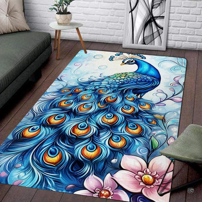 Modern living room sofa setting displaying the blue peacock floral wildlife area rug - thumbnail image 1 of 7