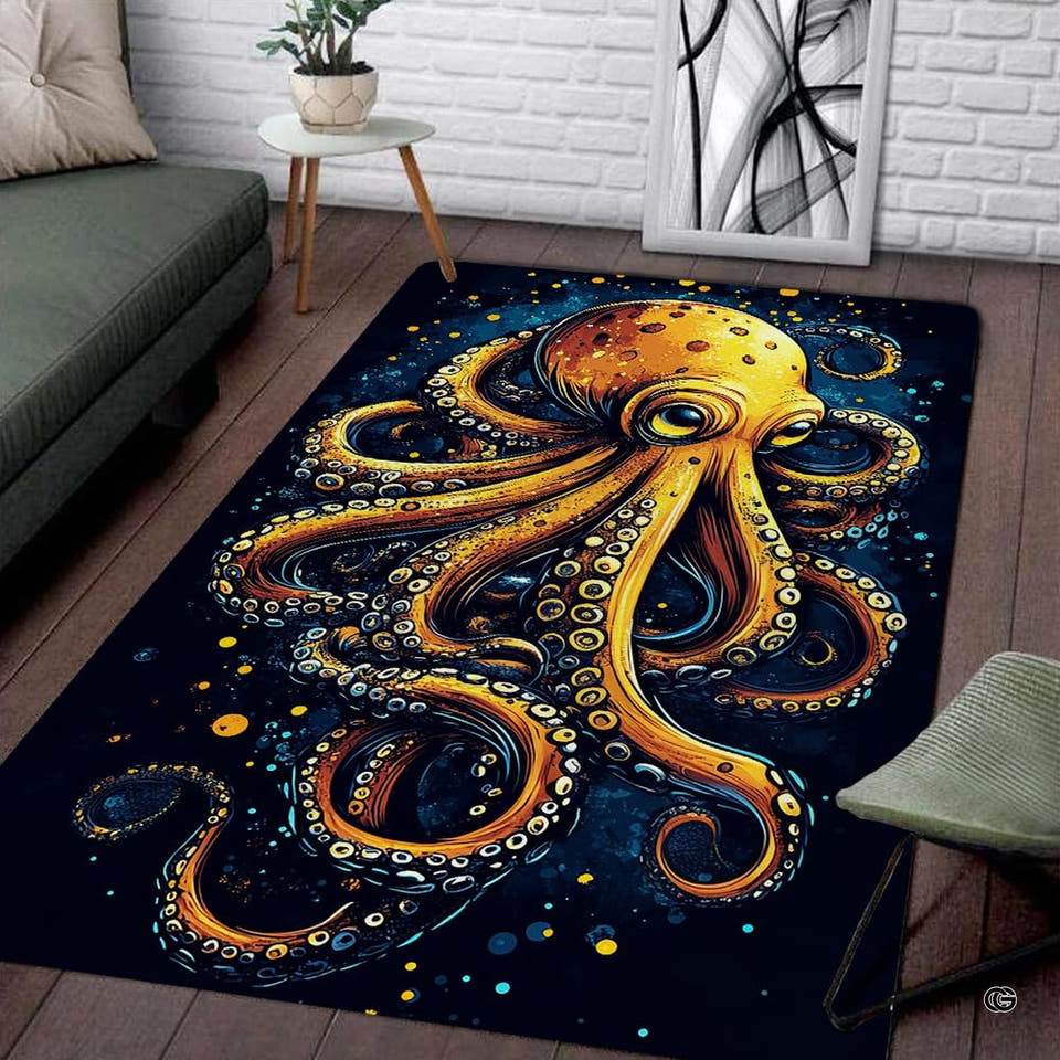 Graphic golden octopus living room area rug with stylized swirling tentacles on dark navy ocean background