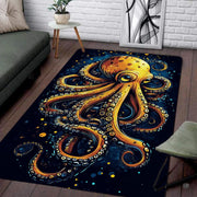 Graphic golden octopus living room area rug with stylized swirling tentacles on dark navy ocean background - thumbnail image 1 of 7