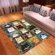 Overhead layout view of the green grid area rug highlighting assorted cat breeds and vibrant borders. - thumbnail image 2 of 5