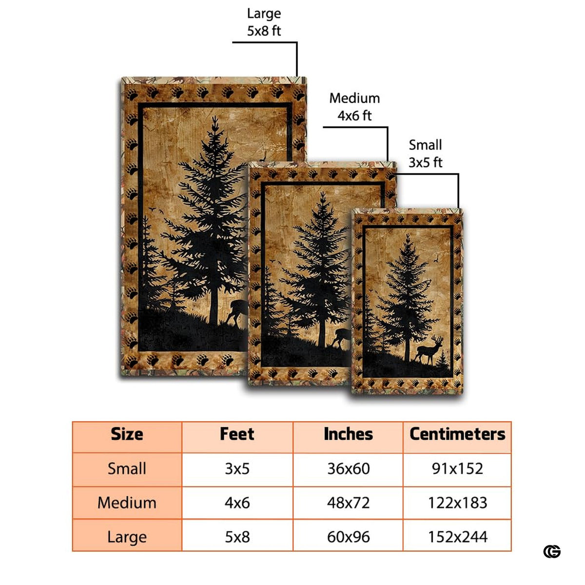 Dimension chart displaying size options for rustic deer hunting area rug.