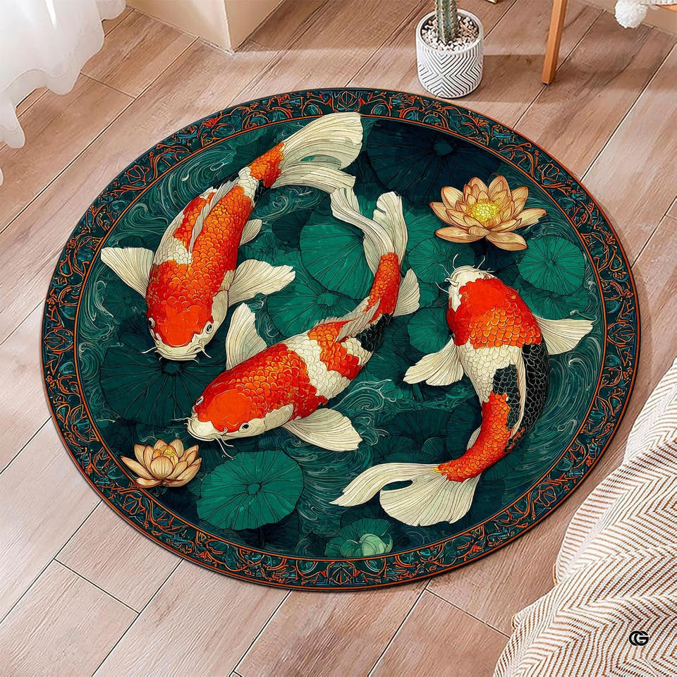 Japanese koi fish lotus pond circular area rug - view 1