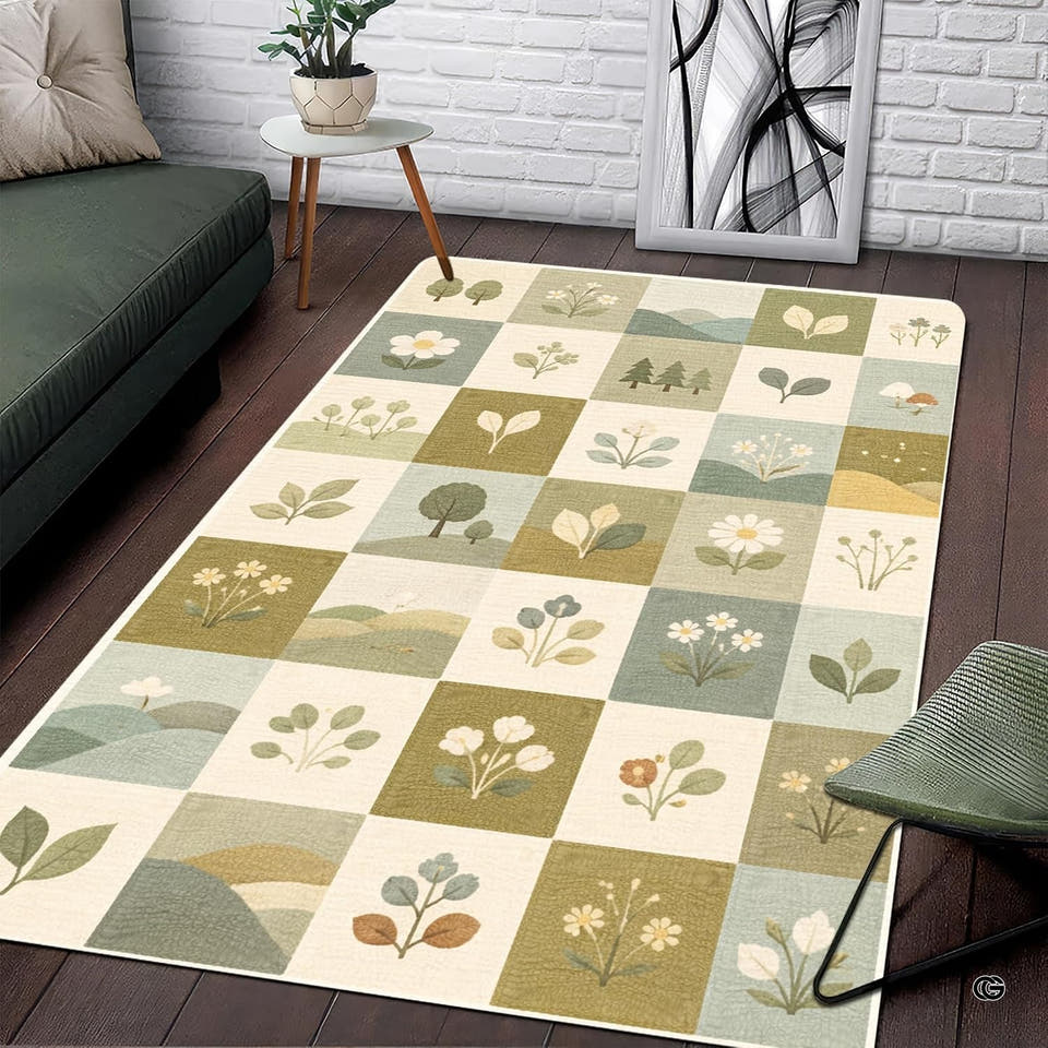 Vintage botanical area rug featuring grid patchwork squares with daisies, trees, and mushrooms in sage green tones.