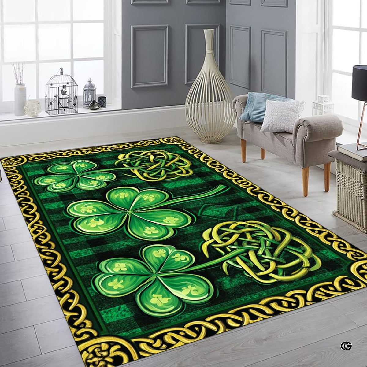 Bright contemporary sitting room interior showcasing the golden Celtic knot area rug - image 6 of 9