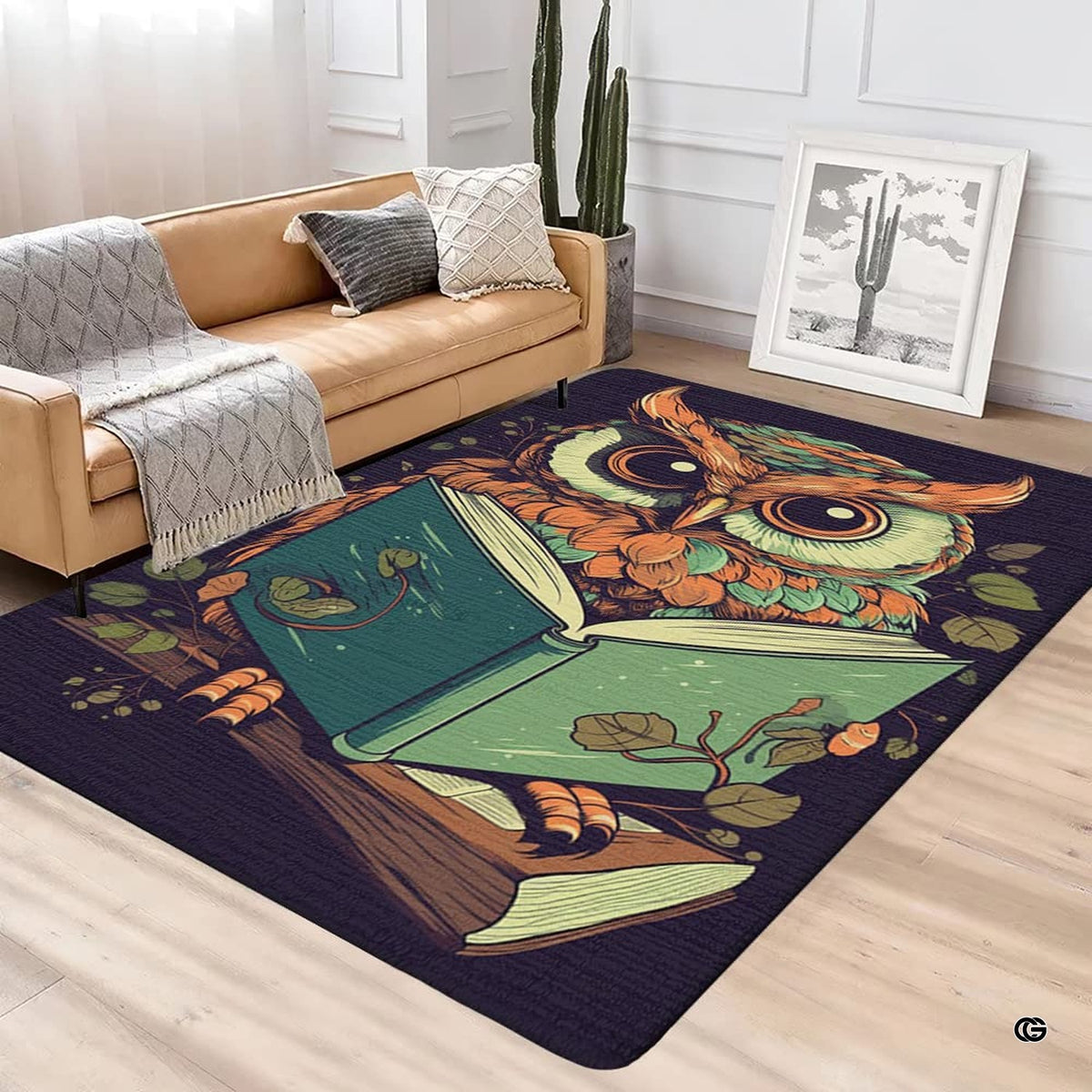 Anti-slip dot backing and clean hemmed edge stitching on owl book lover rug - image 4 of 8