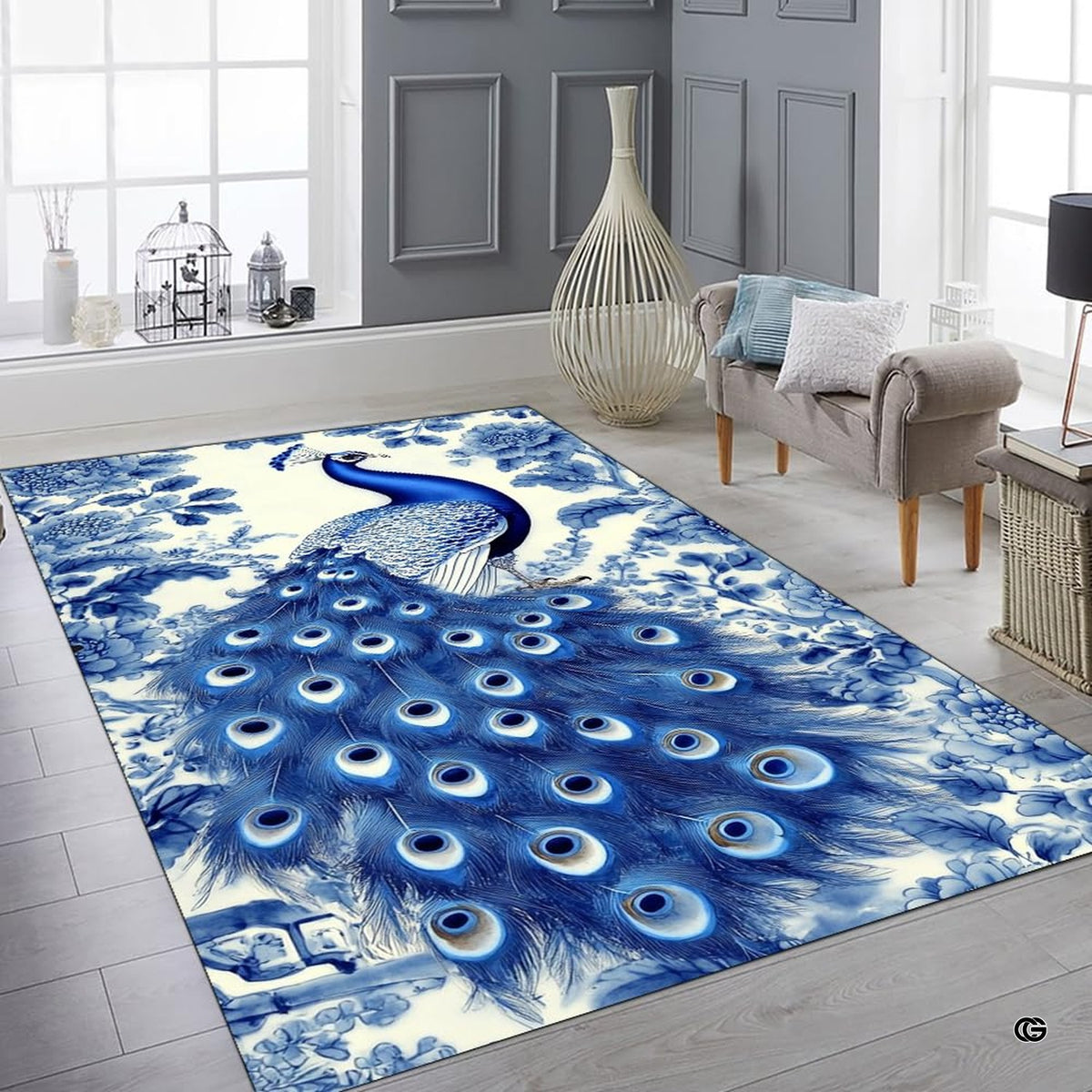 Bedroom layout showing the vibrant blue peacock floral rug near wooden furnishings