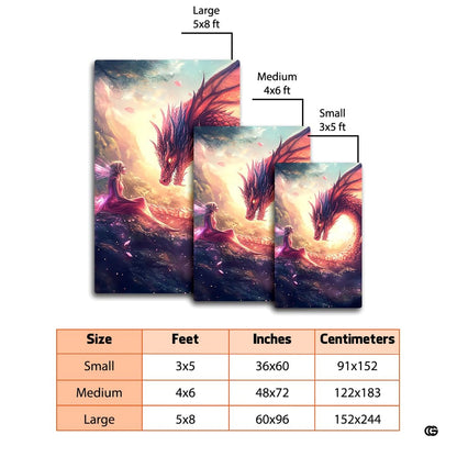 Mockup display showing the dragon and fairy rug placed in front of modern living room furniture - thumbnail image 2 of 7