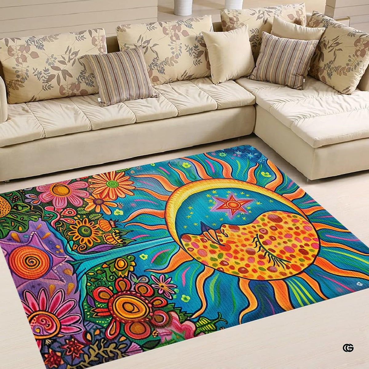 Dimension chart displaying size options for celestial sun moon area rug. - image 2 of 5