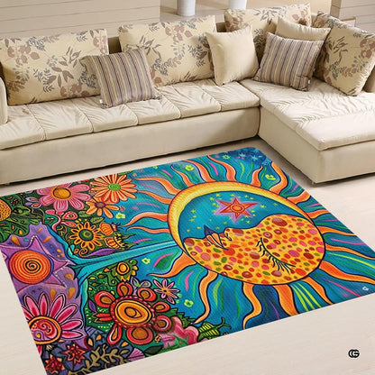 Dimension chart displaying size options for celestial sun moon area rug. - thumbnail image 2 of 5