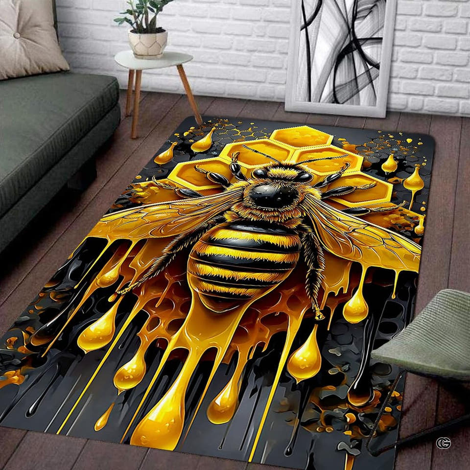 Golden honeybee dripping honeycomb amber black area rug in modern living room setting
