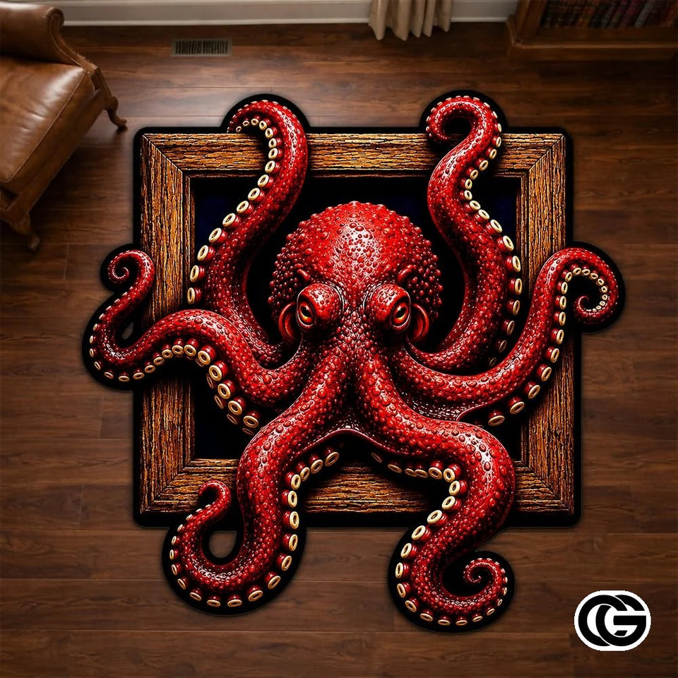 Personalized Octopus Shaped Welcome Mat with Name and Waves - D2