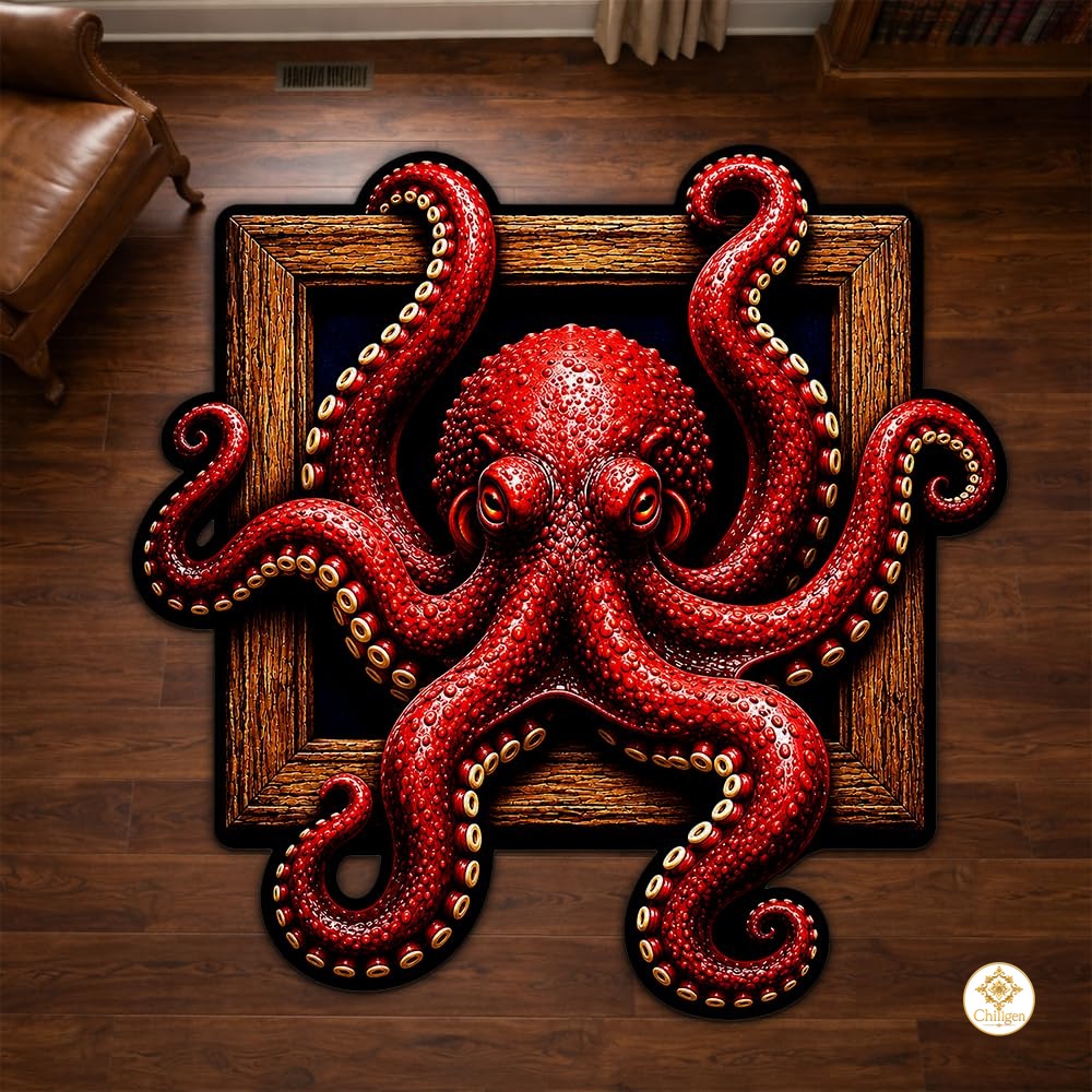 Personalized Octopus Shaped Welcome Mat with Name and Waves - D2