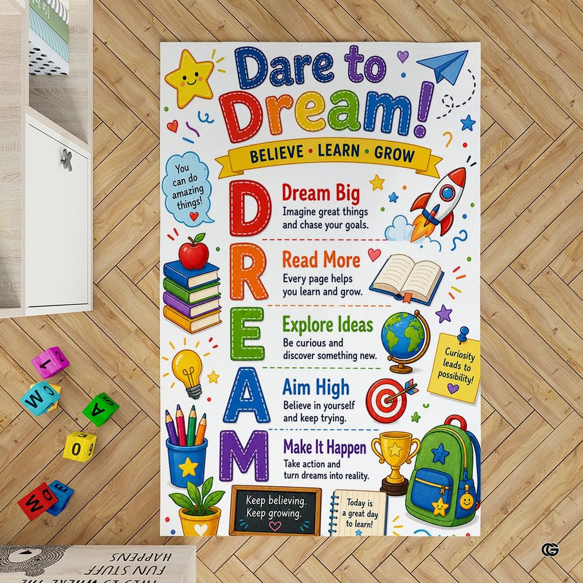 Soft low-pile microfiber surface texture on motivational classroom learning area rug - image 2 of 3