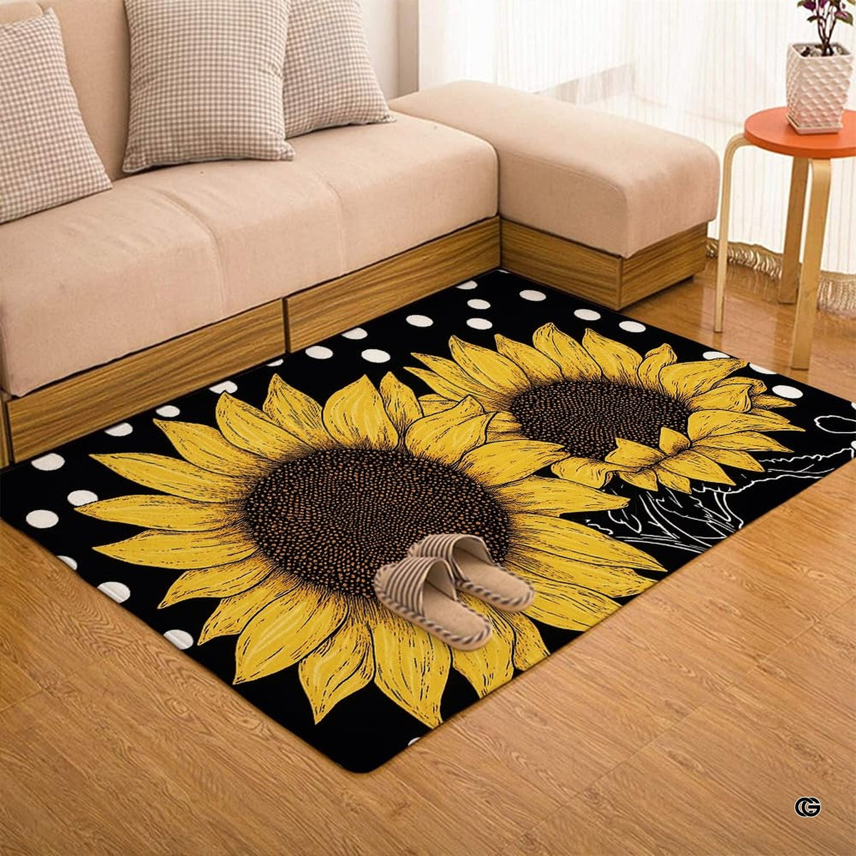 Living room setup showcasing a floral floor rug styled under furniture with radiant botanical sunflower art. - image 5 of 7