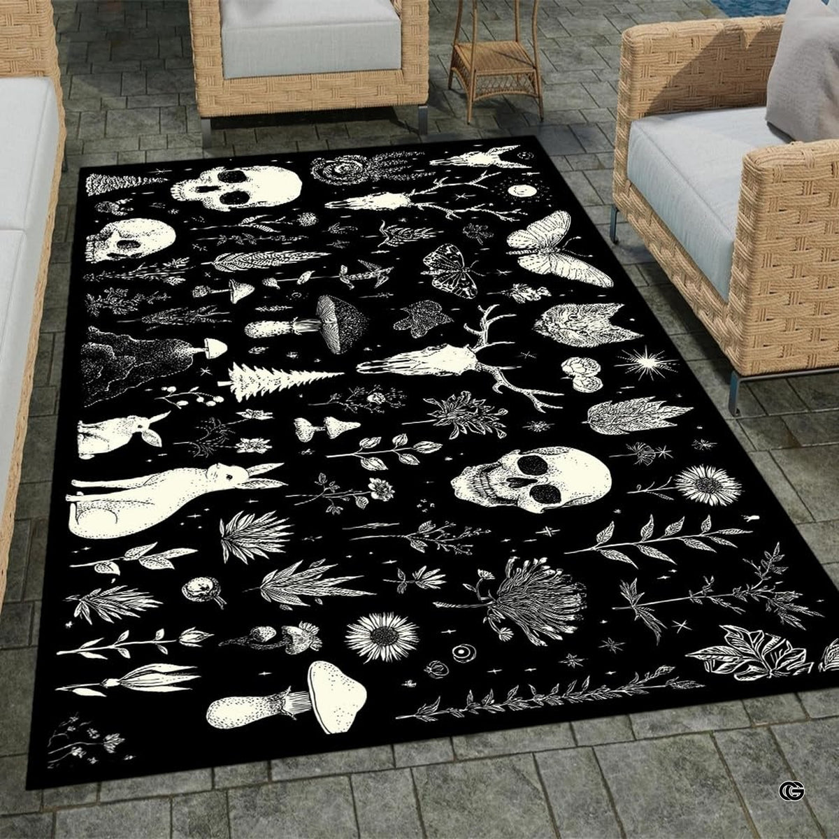 Patio setting with wicker seating displaying the dark gothic nature area rug