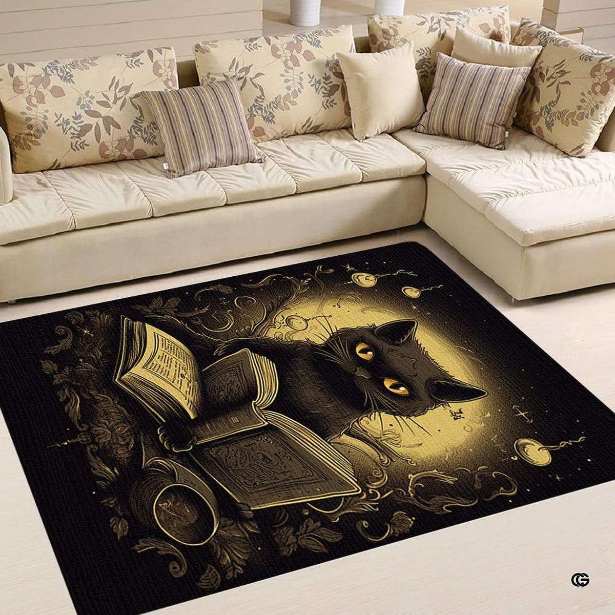 Dimension chart displaying size options for book lover cat area rug.