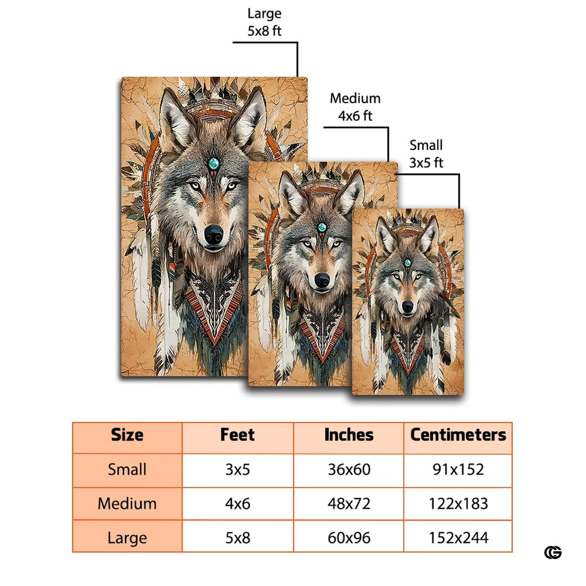 Mockup display showing the tribal wolf warrior rug placed near living room furniture