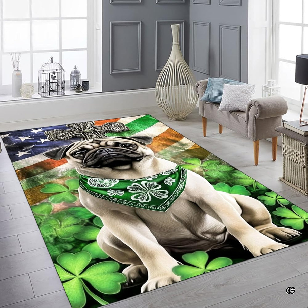 Bright contemporary sitting room interior showcasing the cute pug dog art rug