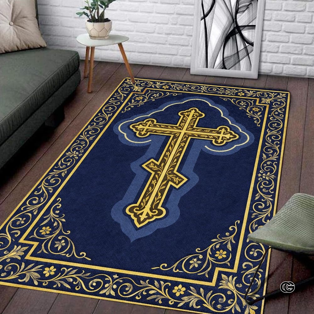 Personalized Orthodox Christian Area Rug, Custom Eastern Orthodox Russian Greek Byzantine Non-Slip Rug for Women Men, IC XC Nika Cross Mat for Living Room, Bedroom, Church Decor (D4)