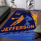 Custom basketball player living room area rug with silhouette hoop action and athletic personalization banner