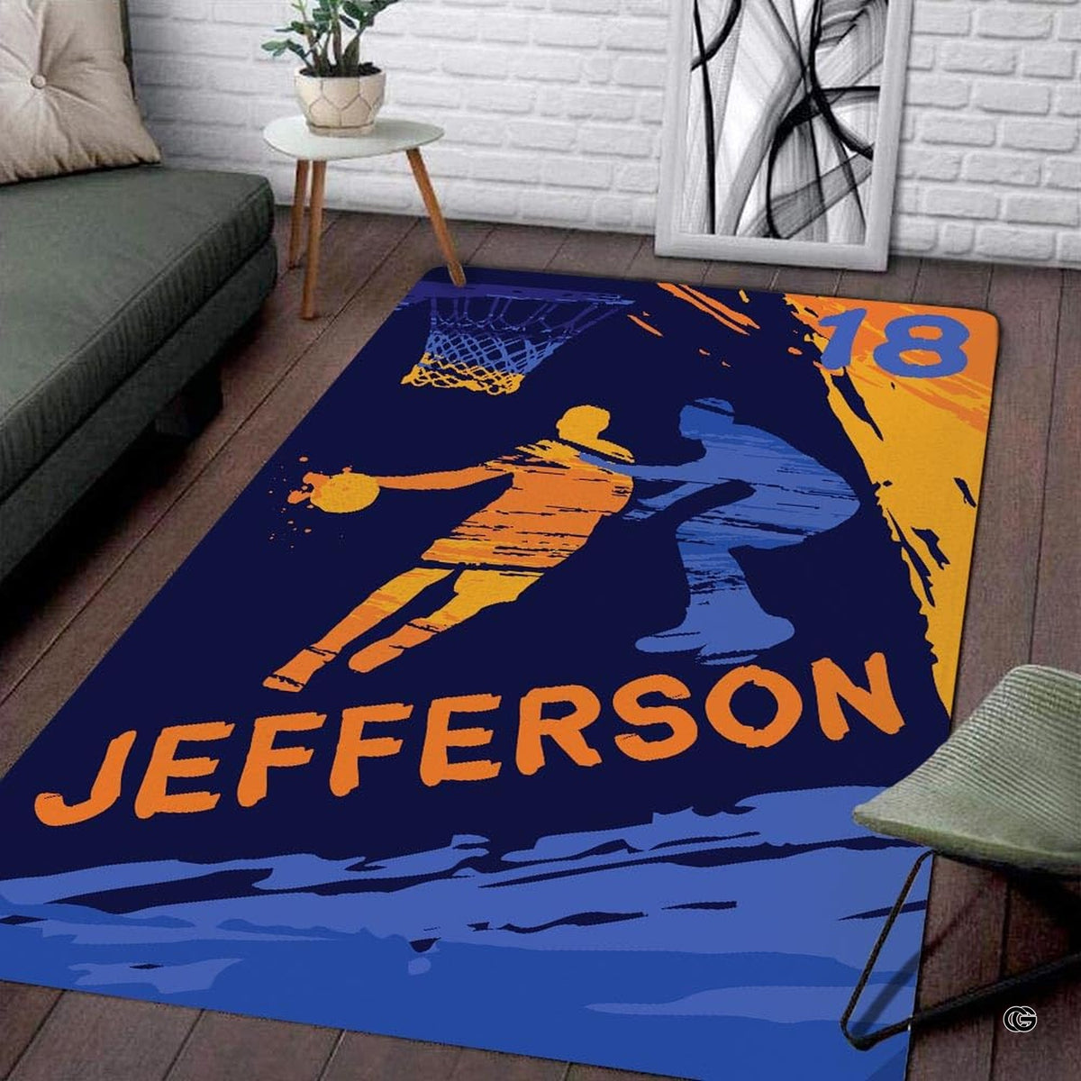Custom basketball player living room area rug with silhouette hoop action and athletic personalization banner - image 1 of 7