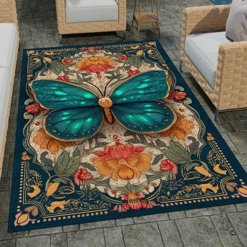 Green butterfly area rug with vibrant teal wings and coral blossoms in an ornate living room setting.