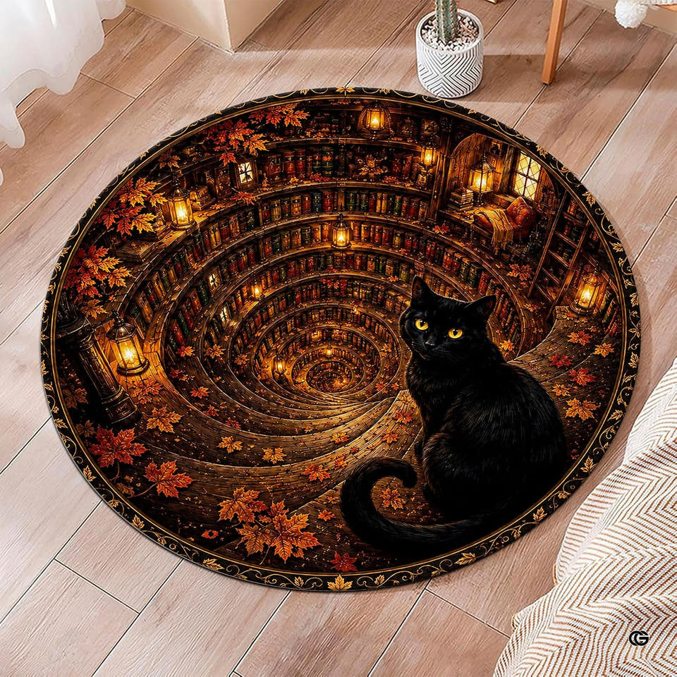 Circular black cat rug showing an optical spiral library staircase with glowing lanterns and autumn leaves.
