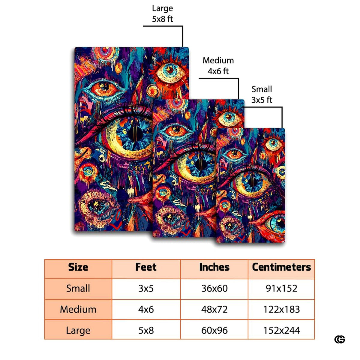 Overhead perspective of vibrant pink psychedelic area rug with stylized human eye illustrations.