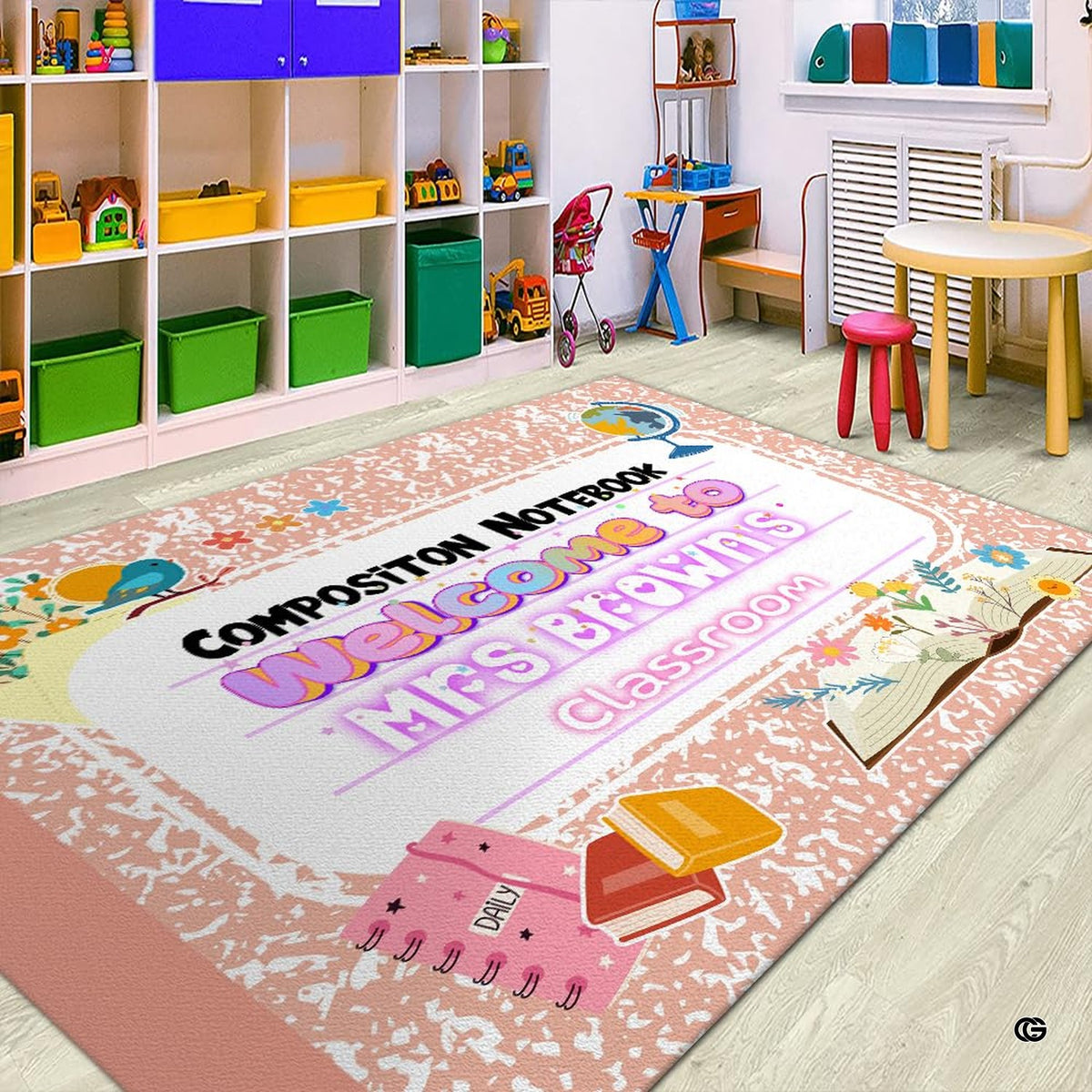 Classroom reading corner mockup featuring the floral composition notebook rug - image 2 of 8