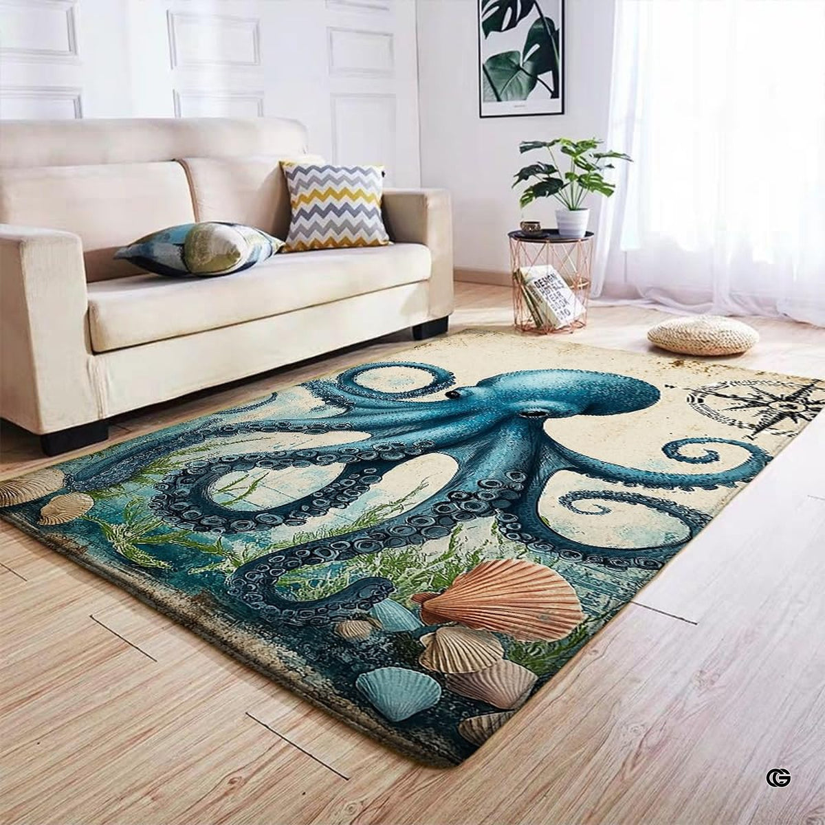Detailed view of the antique compass rose navigational star and ocean seaweed illustration on coastal area rug.