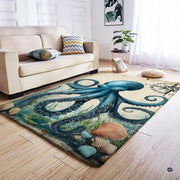 Detailed view of the antique compass rose navigational star and ocean seaweed illustration on coastal area rug. - thumbnail image 4 of 7