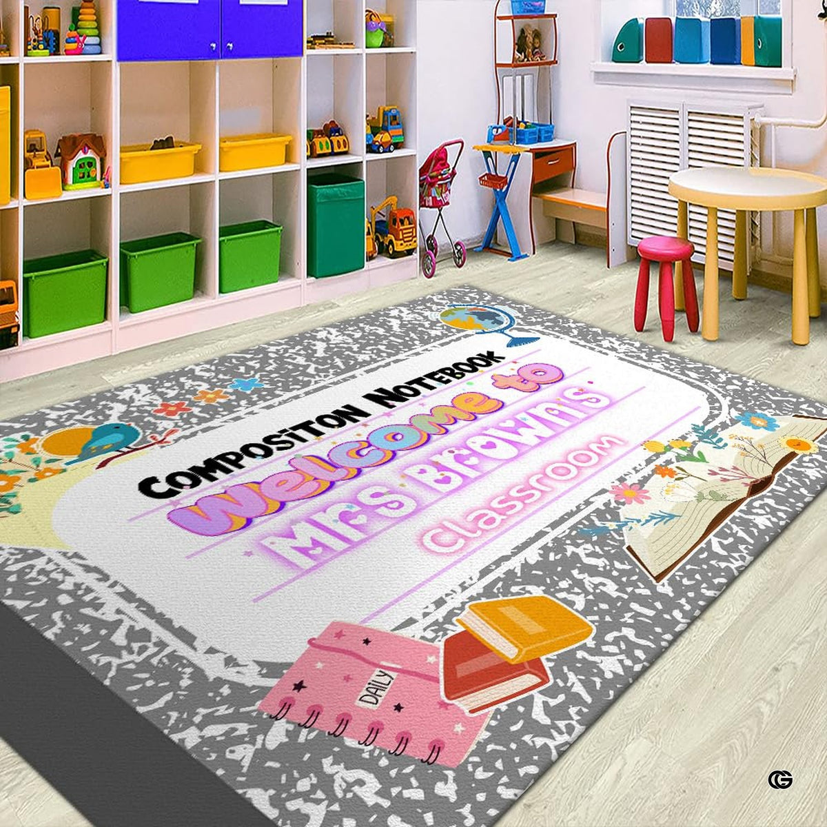 Classroom reading corner mockup featuring the neutral grey composition notebook rug - image 2 of 8