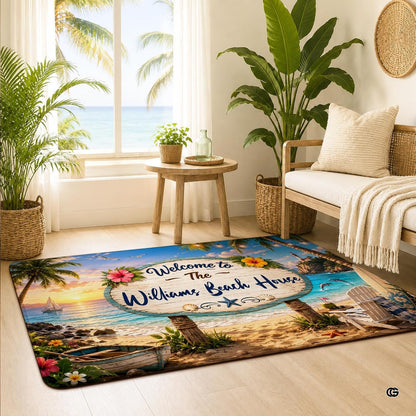 Personalized Tropical Beach Rug, Custom Family Name Tropical Outdoor Rug, Flamingo Surfboard Ocean Area Rug for Living Room, Patio, Beach House Decor, Design 06