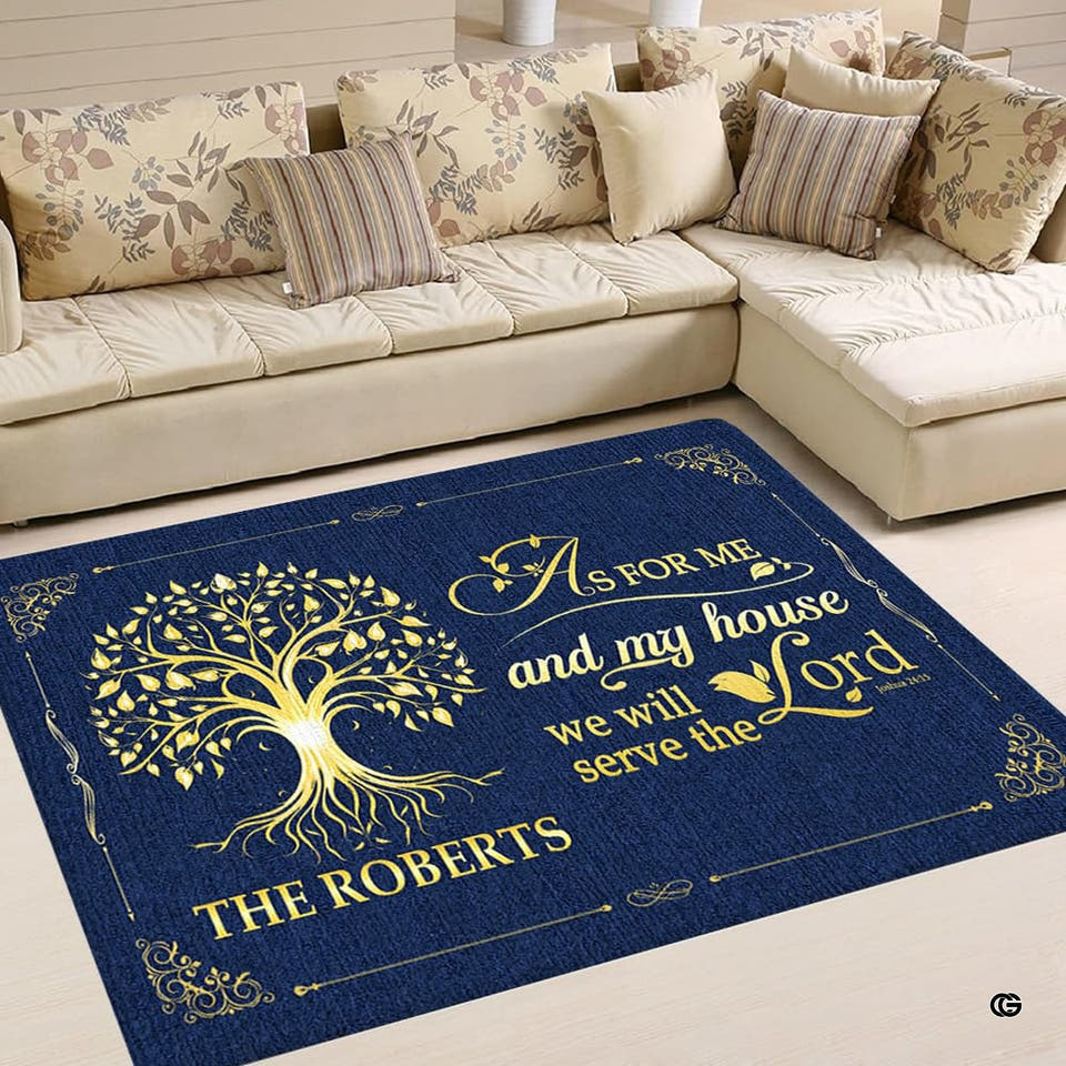 Golden tree of life navy blue scripture rectangular area rug in top overhead view