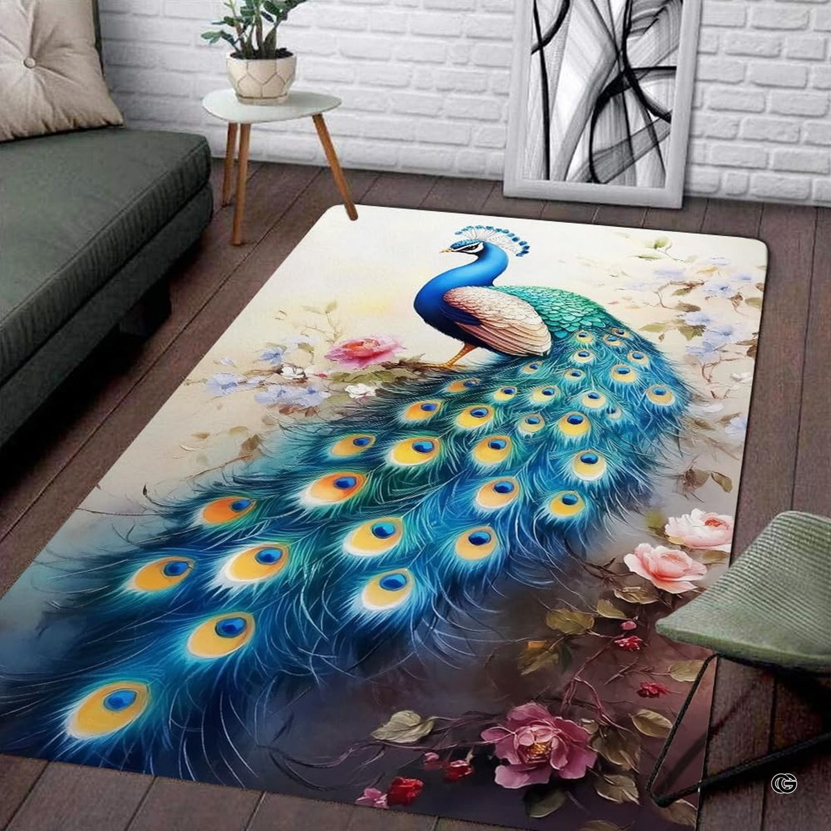 Ornate blue peacock area rug with pink rose blossoms on watercolor background. - image 1 of 8