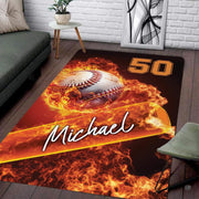 Fiery baseball and blazing bat graphic on dynamic area rug 8x10 floor decor. - thumbnail image 1 of 7
