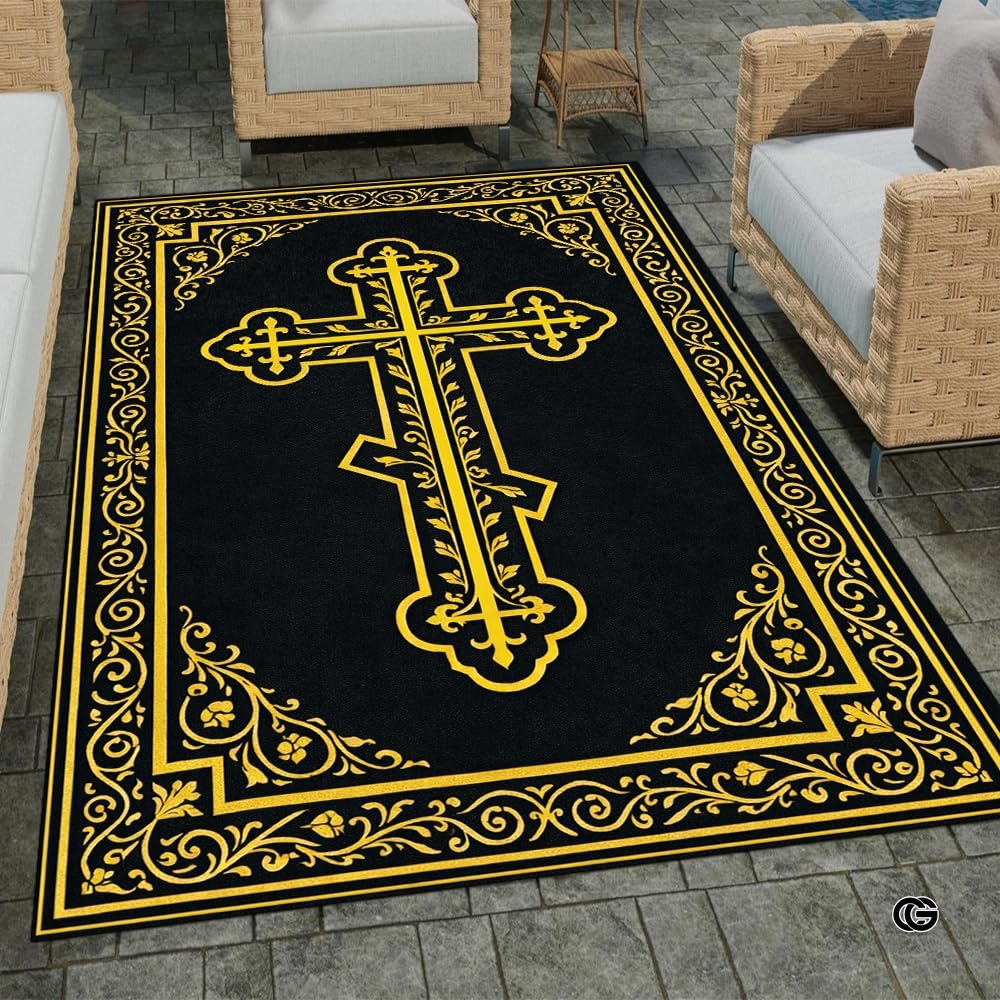 Personalized Orthodox Christian Area Rug, Custom Eastern Orthodox Russian Greek Byzantine Non-Slip Rug for Women Men, IC XC Nika Cross Mat for Living Room, Bedroom, Church Decor (D6)