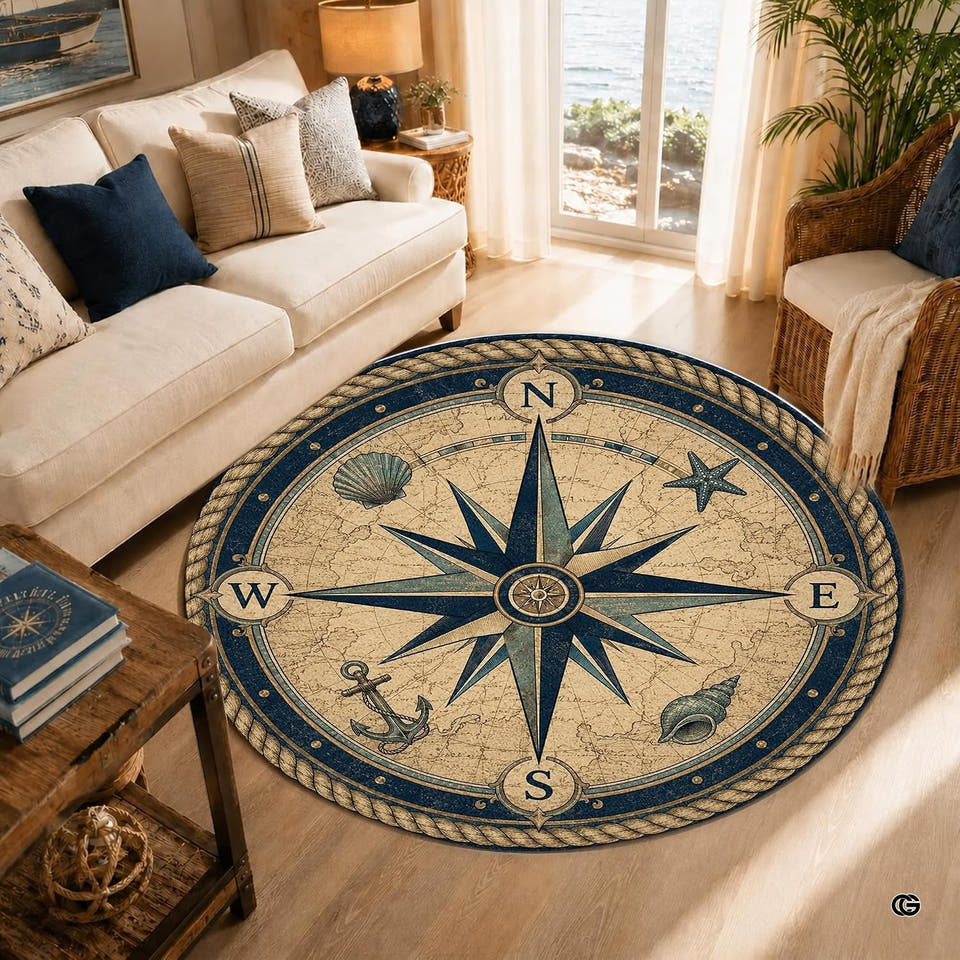 Vintage nautical compass rose anchor circular area rug in primary perspective