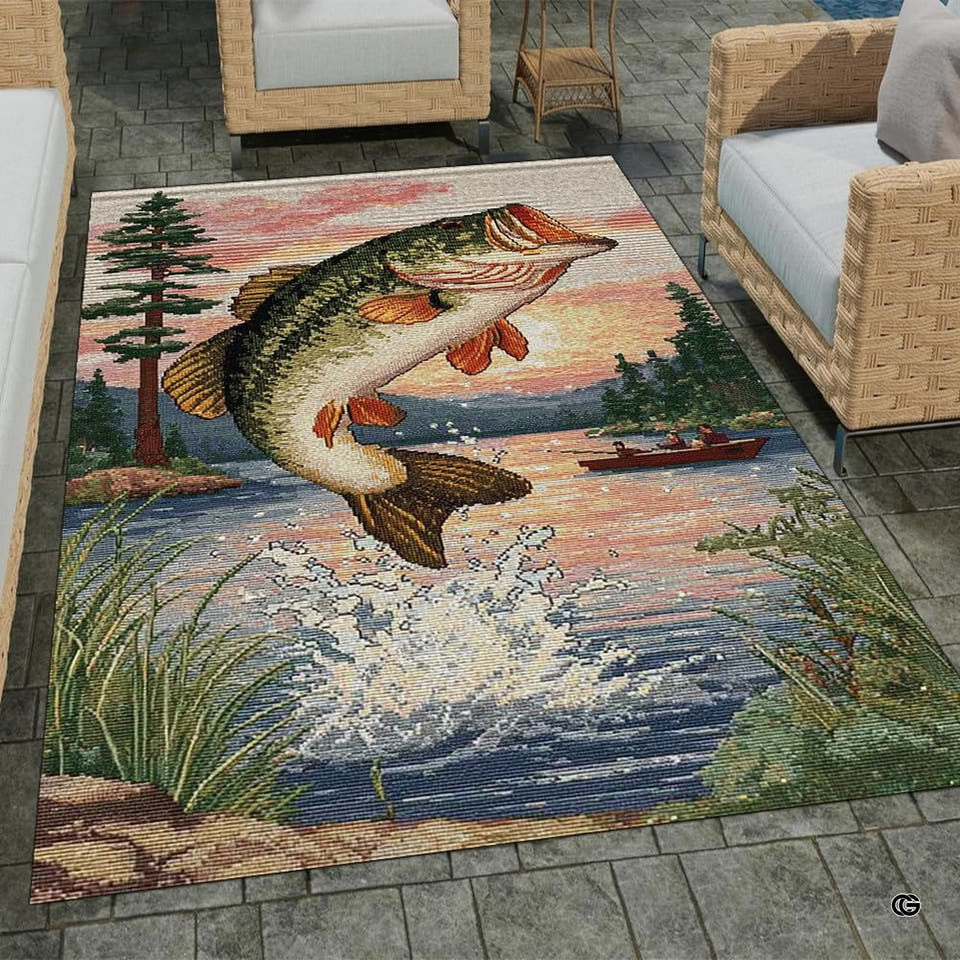 Vintage jumping bass area rug displaying needlepoint lake scene centered between patio chairs.