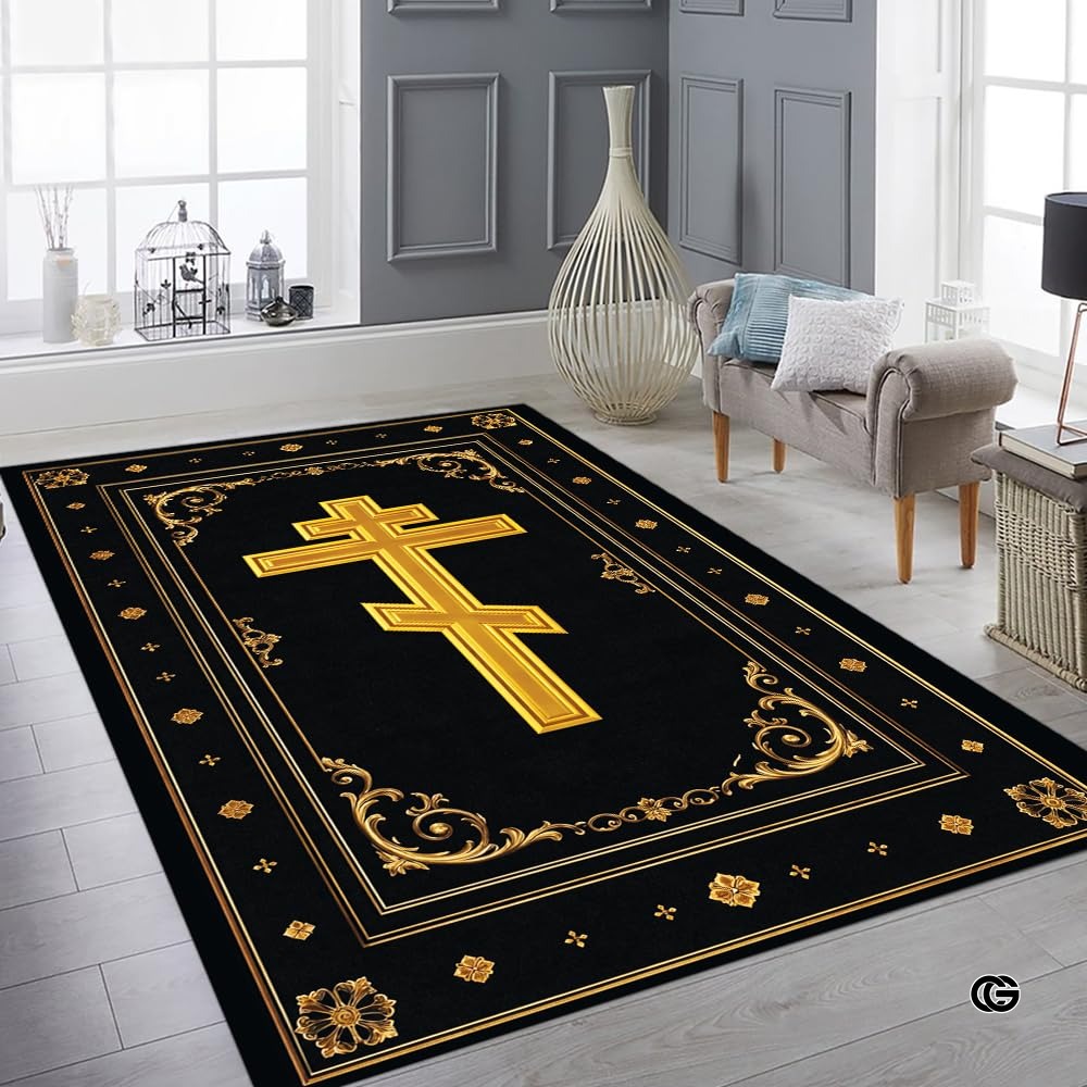 Personalized Orthodox Christian Area Rug, Custom Eastern Orthodox Russian Greek Byzantine Non-Slip Rug for Women Men, IC XC Nika Cross Mat for Living Room, Bedroom, Church Decor (D2)