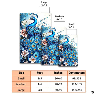 Artistic peacock illustration on an area rug with vibrant azure feathers and floral vines. - thumbnail image 2 of 8