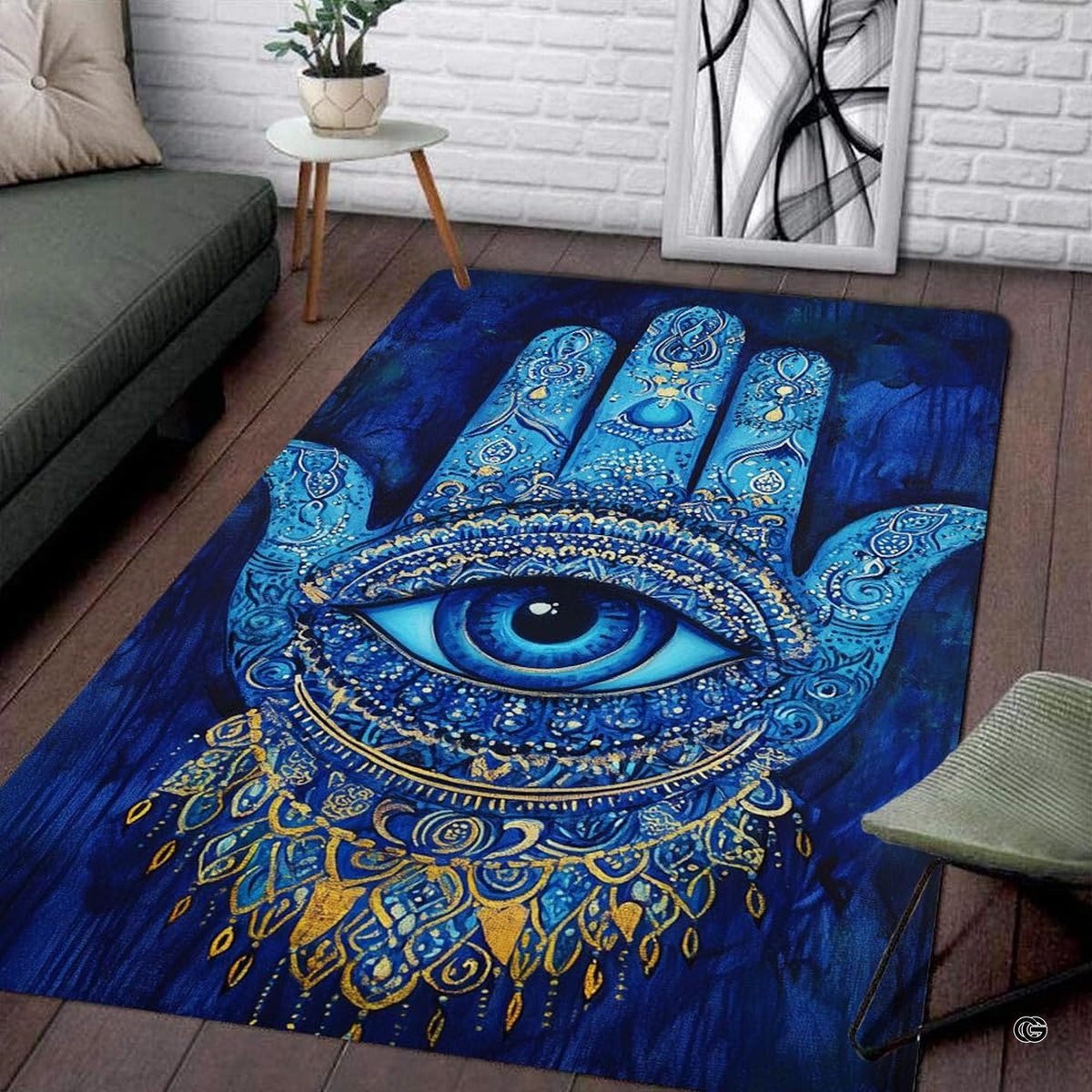 Ornate Hamsa Evil Eye area rug showcasing golden filigree and cobalt blue mandala artwork.