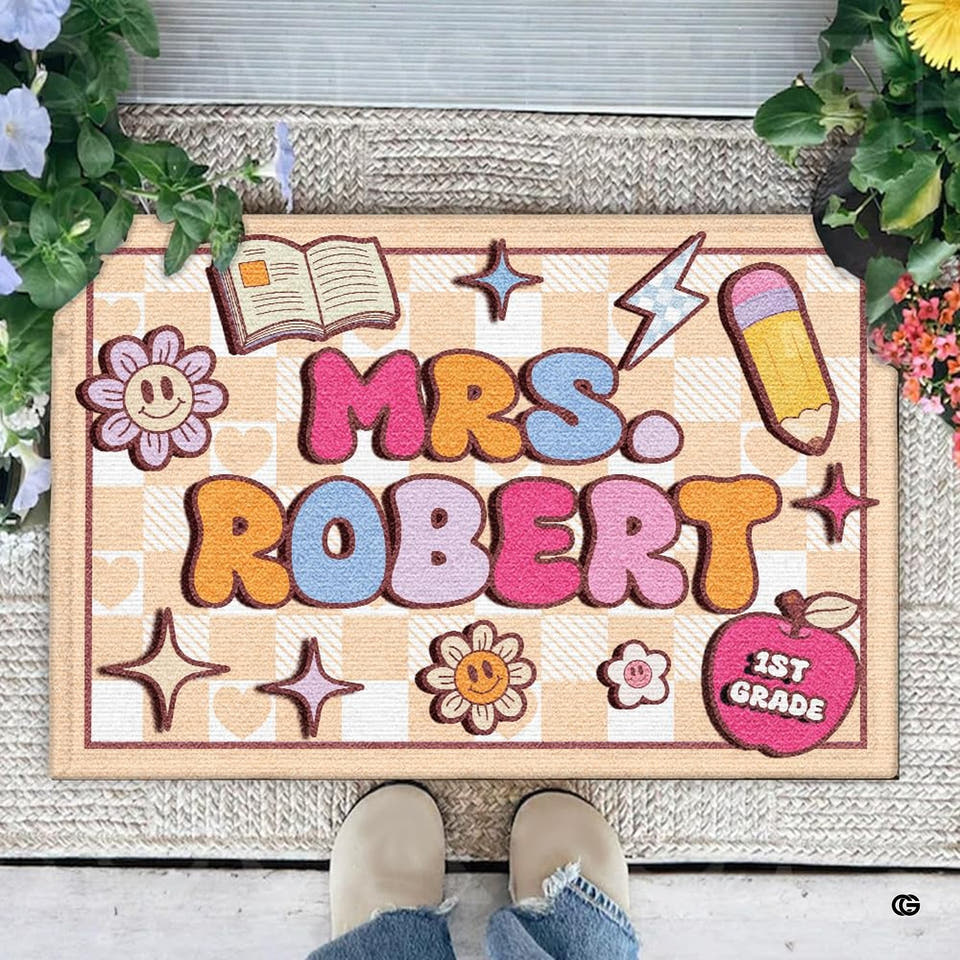 Personalized Teacher Welcome Door Mat with Name, Composition Notebook Style, Perfect Classroom Decor & Back to School Gift for Teachers (Colorful Class #2)