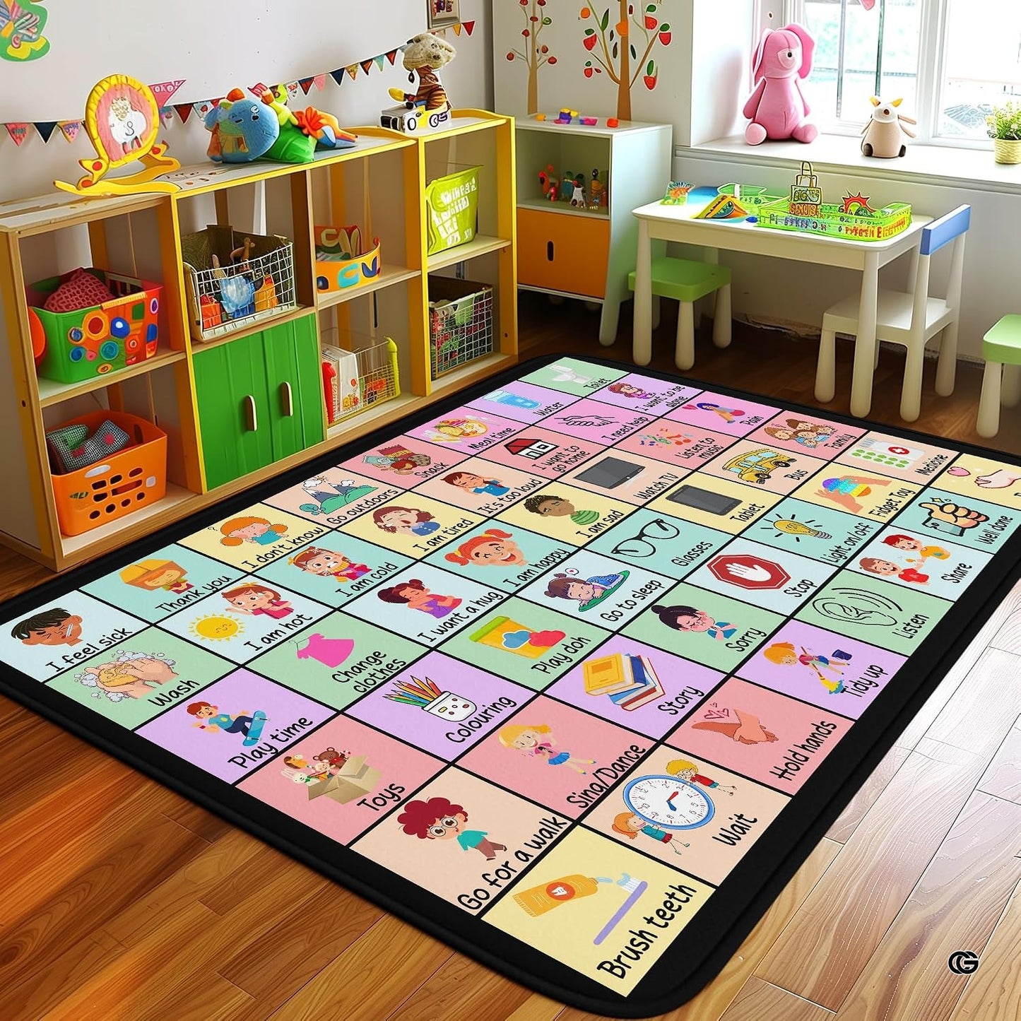 Core Vocabulary Rug, Communication Rugs for Kids Sped Classroom Rug, Autism Carpet, Speech Therapist Decor, Classroom Carpet, Back to School Mat for Kids Room Decor (STYLE-DS02, X-Small (2x3 feet))