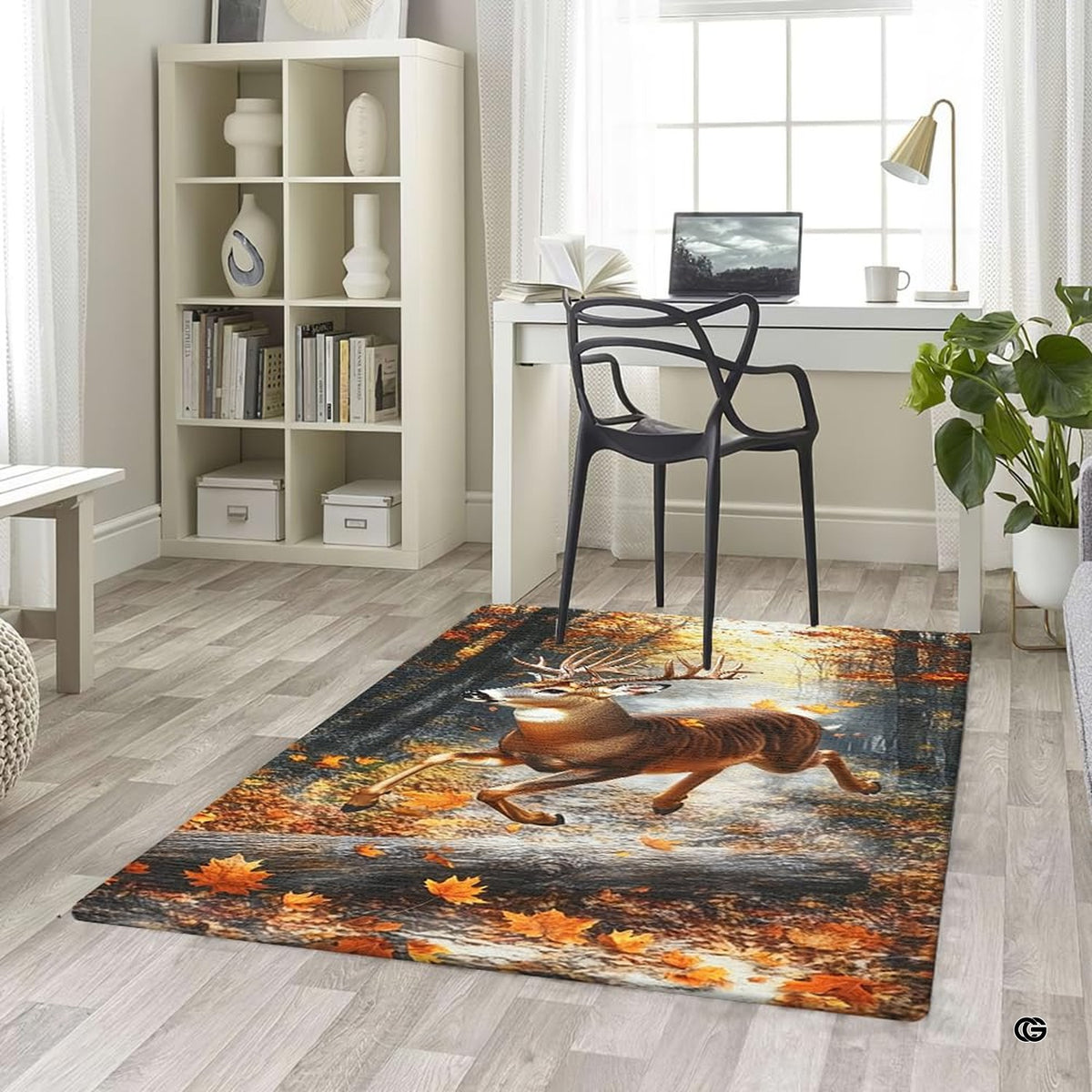 Full overhead view of whitetail area rug featuring a running buck in a sunlit woodland scene. - image 5 of 5