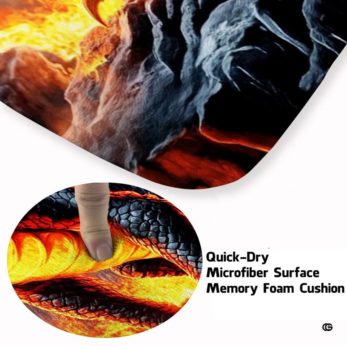 Close-up perspective of glowing red eyes and charcoal scales on dragon area rug.