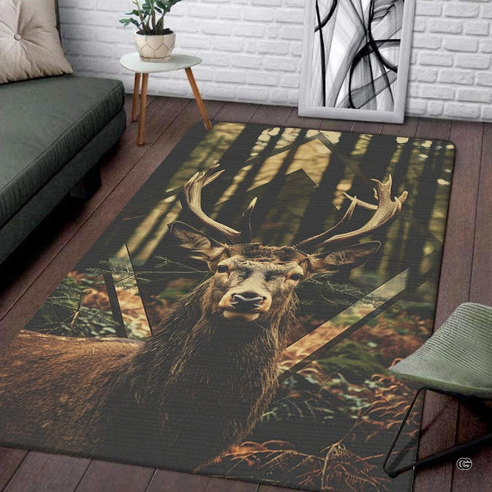 Living room corner with gray sofa and side table displaying the rectangular geometric stag area rug on wood floors.