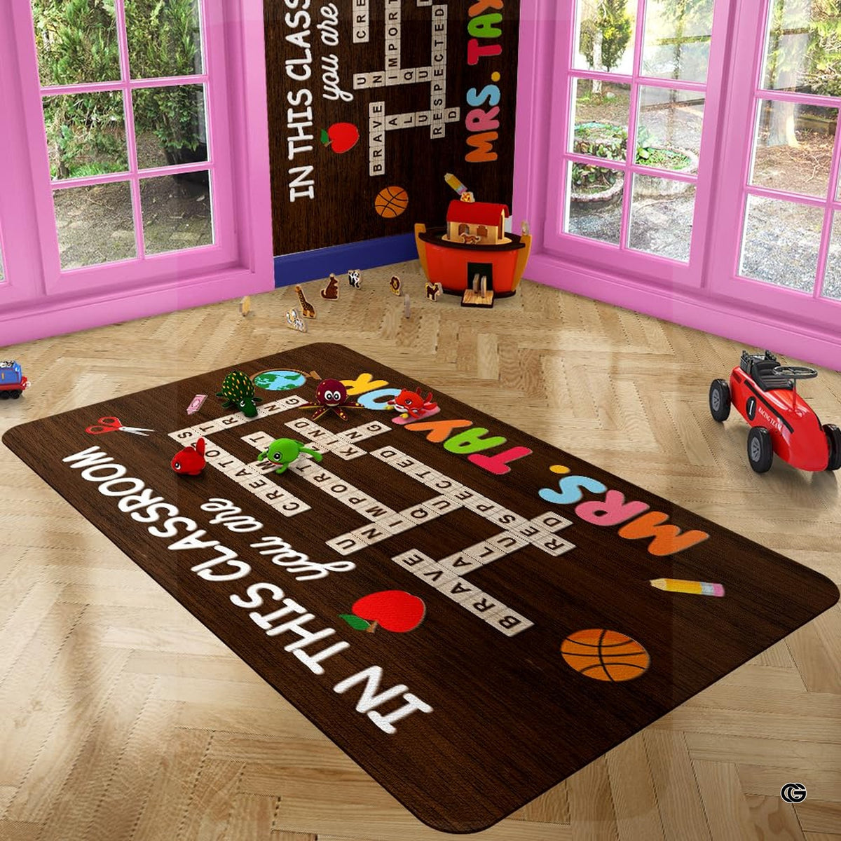 Classroom teacher desk area floor rug styled across a bright study space with learning decor.