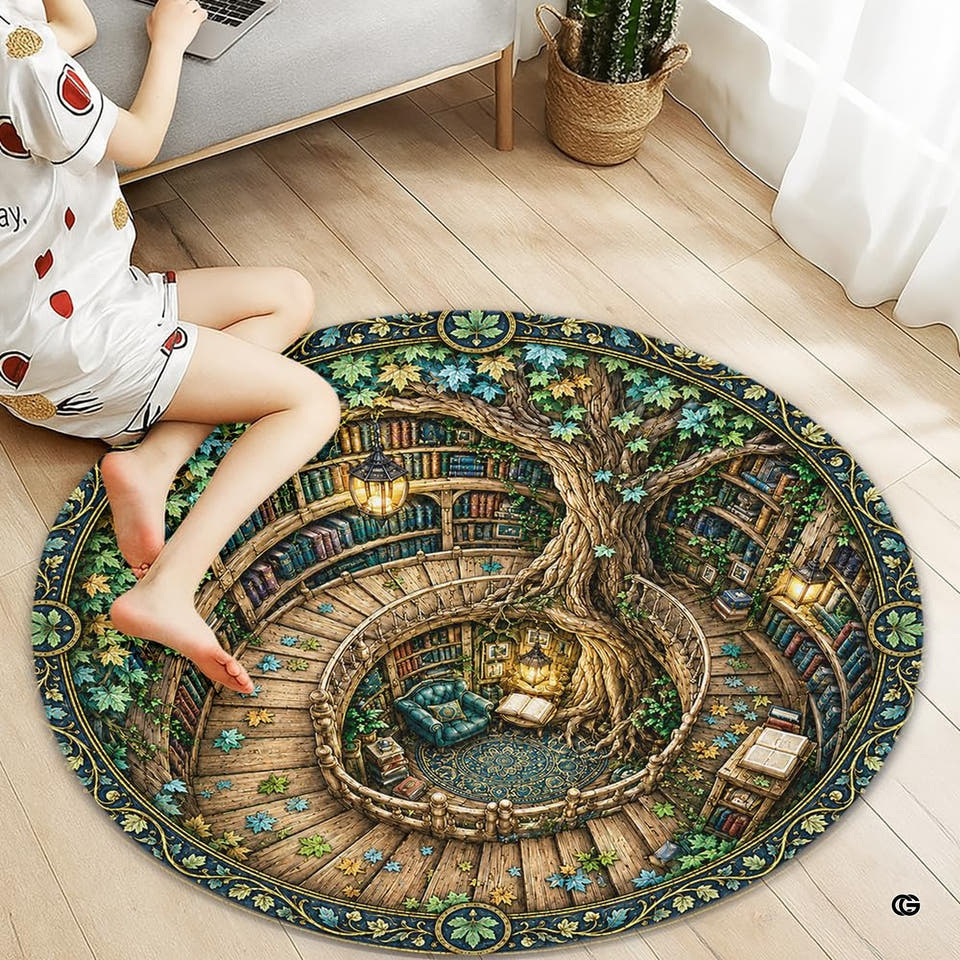 Treehouse library round book rug displaying spiral shelves, winding stairs, and lanterns.