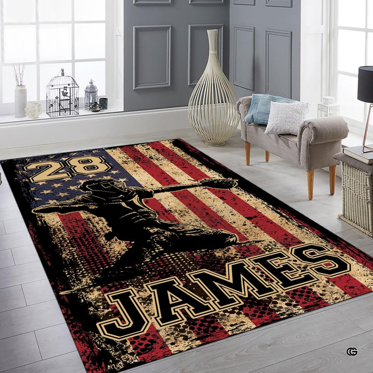 Overhead layout view of the rectangular baseball catcher sports area rug